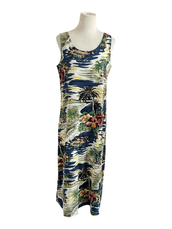 Hilo Hattie Dresses & Skirts - Vintage Hilo Hattie Hawaiian Dress MIDI Tank Scenic Outrigger Floral Blue M